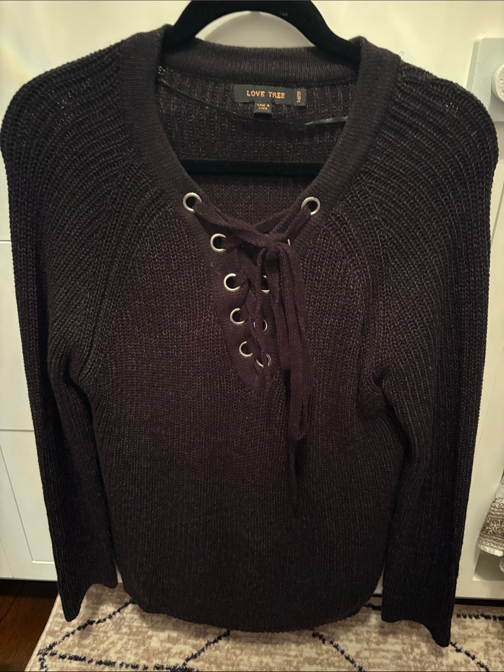 Love Tree Dark Brown Lace-Up V-Neck Knit Sweater